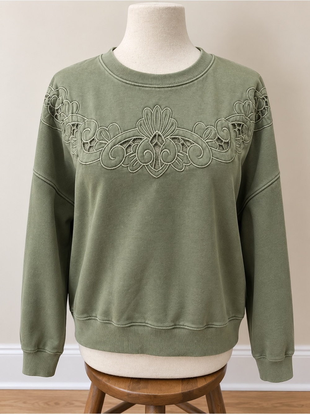 Olive Embroidered Crewneck Sweatshirt - Women